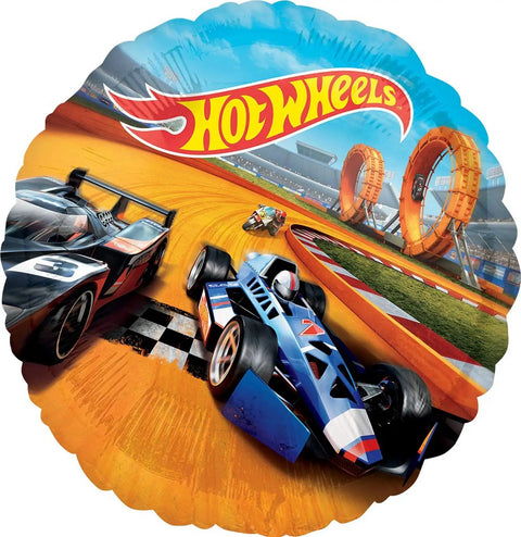Racing Theme Balloon Bouquet Pack Of 5 Foil Balloons In Bright Multi Color, Uninflated Retail Set showing hot wheels race cars