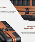 UKEIN 3-piece black PC hardside luggage set with brown trim; TSA lock and reinforced zipper close-ups.
