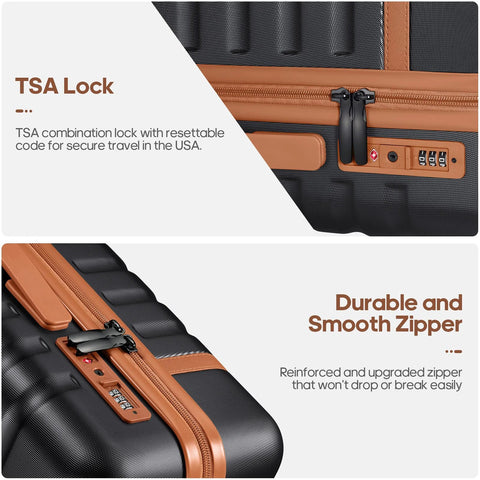 UKEIN 3-piece black PC hardside luggage set with brown trim; TSA lock and reinforced zipper close-ups.