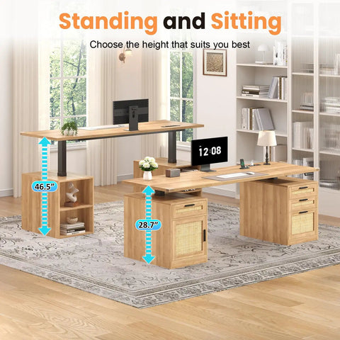 60 Inch Electric Standing Desk With Solid Oak Surface And Rustic Rattan Frame For Home Office showcasing height options 28.7" and 46.5".