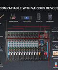 12 Channel USB Audio Mixer With Built In 16 Bit DSP Effects, Bluetooth Karaoke Studio DJ Mixer compatibility diagram