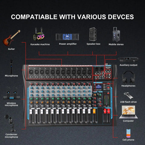 12 Channel USB Audio Mixer With Built In 16 Bit DSP Effects, Bluetooth Karaoke Studio DJ Mixer compatibility diagram