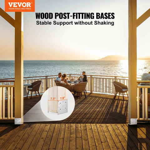 Adjustable 8 By 8 Post Base Bracket Set installed on pavilion deck, stainless steel anchors, sturdy decorative support, size 7.8x7.3 inches.