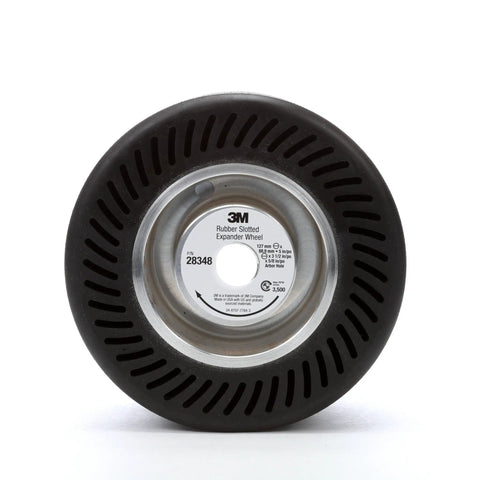 Close-up of Rubber Slotted Expander Wheel Model 28348 for sander, 5 inch diameter, 3.5 inch width, 5/8 inch arbor.