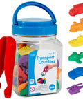 Slick Transport Counters Mini Jar Set Of 36 Durable Plastic Math Manipulatives With Tweezers, colorful transport counters visible.