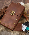 Snag This Solid Leather Waist Bag And Fanny Pack With Durable Adjustable Belt Strap Badass Steampunk Style Ideal For Festival Cosplay And Mobile Device Storage, brown leather waist pouch with brass studs.