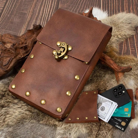 Snag This Solid Leather Waist Bag And Fanny Pack With Durable Adjustable Belt Strap Badass Steampunk Style Ideal For Festival Cosplay And Mobile Device Storage, brown leather waist pouch with brass studs.