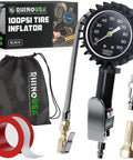 Three In One Tire Inflator And Gauge With Heavy Duty Air Chuck Braided Stainless Hose Large Analog Dial Solid Brass Fittings For Truck And RV 0 To 100 Psi No Battery Needed Inflate Check And Bleed In One Tool displayed with accessories and packaging