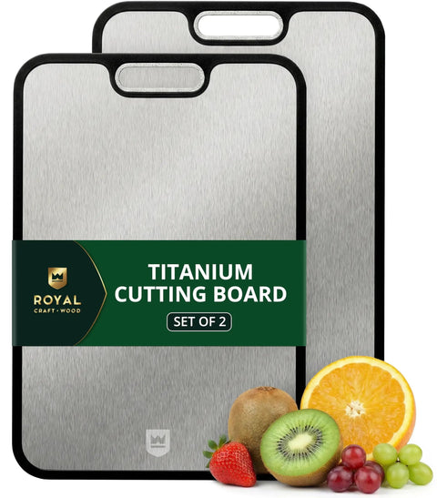 Titanium Cutting Board Set Of 2 Pro Grade Double Sided Kitchen Chopping Board With Juice Groove Easy To Clean Blue Metal Cutting Board For Meat Prep And Daily Cooking shown with fruits
