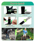 Installation guide for 71 Inch Stand Up Weed Puller With Adjustable 5 Section Handle No Bend 2 In 1 Weeder For Uprooting Deep Weeds In Lawns, Gardens, And Yards, Heavy Duty Garden Hoe And Rake With Gloves, showing step-by-step instructions and before-after use illustration.