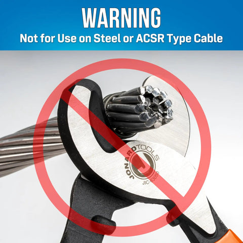 Heavy Duty High Leverage Cable Cutter With Knuckle Safe Flared Handles And Tough As Nails Chrome Vanadium Steel Blades cutting thick wire.