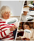 Collage of people using Eight Times Magnification Floor Magnifying Glass With Light And Stand for reading and sewing
