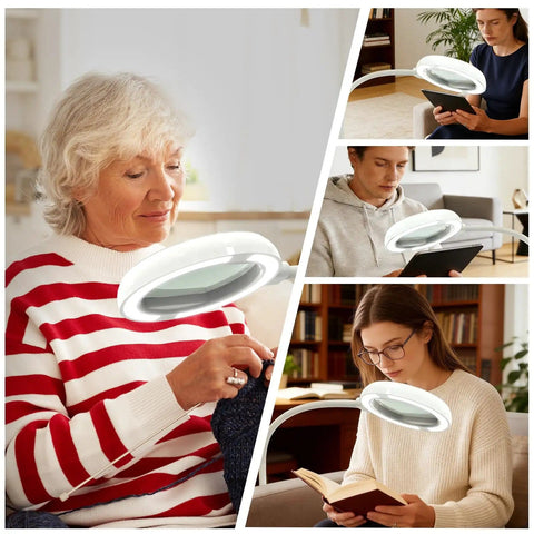 Collage of people using Eight Times Magnification Floor Magnifying Glass With Light And Stand for reading and sewing