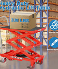 Premium Garvee Double Scissor Hydraulic Lift Table Cart, 330 Lbs Capacity, Red with box on top in warehouse setting.