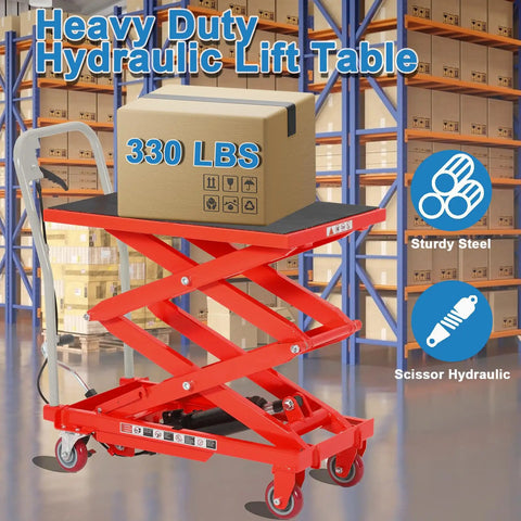 Premium Garvee Double Scissor Hydraulic Lift Table Cart, 330 Lbs Capacity, Red with box on top in warehouse setting.