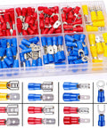 Twidec spade crimp connectors kit with 15 insulated terminals in red, blue, and yellow, stored in a clear plastic organizer.