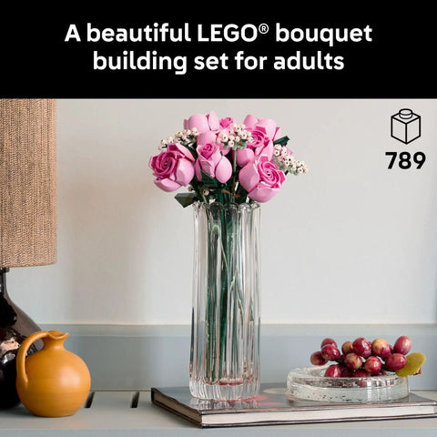 Botanicals Pink Rose Bouquet Buildable Flowers Set For Adults 18 Plus Gift For Her Home Office Decor Shelf Or Room Display Cool DIY Flower Arrangement 10374, 789-piece LEGO bouquet in vase