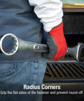 Person holding Jumbo Fractional And SAE Combination Wrench Set For Big Bolts with Radius Corner Design in hand, chrome plated.