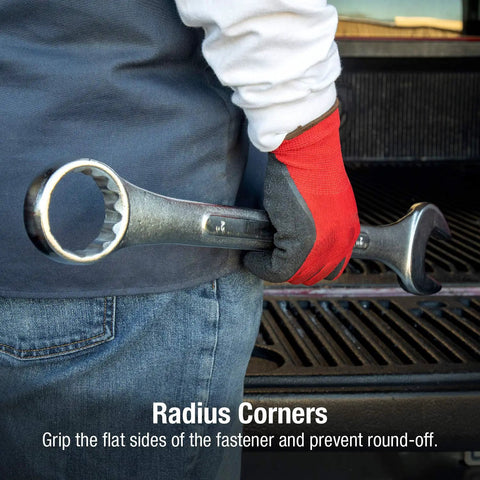 Person holding Jumbo Fractional And SAE Combination Wrench Set For Big Bolts with Radius Corner Design in hand, chrome plated.