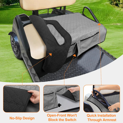 Heavy Duty Golf Cart Seat Covers With Four Front Pockets And Non Slip Bottom Universal Fit For Ezgo Yamaha Club Car Two Seater showing no-slip design and quick installation features.