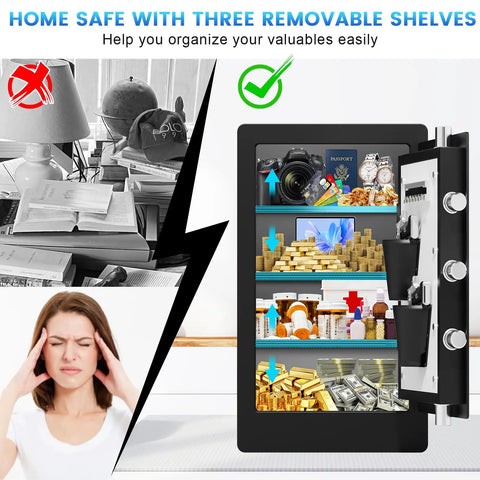 Biometric Safe Box 23.6 Inch Tall Home Safe with water and fireproof design, open showing interior shelves and stored items