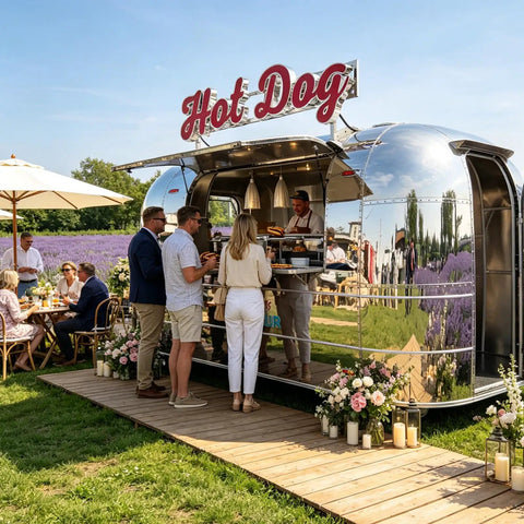 Slick Stainless Steel Food Trailer, 10 Ft Mobile Catering Cart With Mirror Finish serving hot dogs to customers in an outdoor setting.
