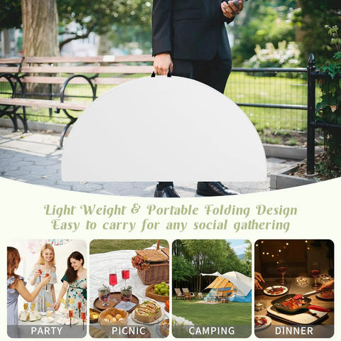 Person carrying 5 Foot Round Folding Table With Carrying Handle White Portable Plastic Table For Parties Dining Weddings Camping Picnics And Indoor Outdoor Events That Folds In Half For Easy Storage And Grab And Go Transport outdoors