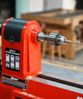 Heavy Duty Drill Chuck Set 5/8 Inch Capacity With JT33 MT2 And JT33 MT1 Taper Arbors in use on a red lathe