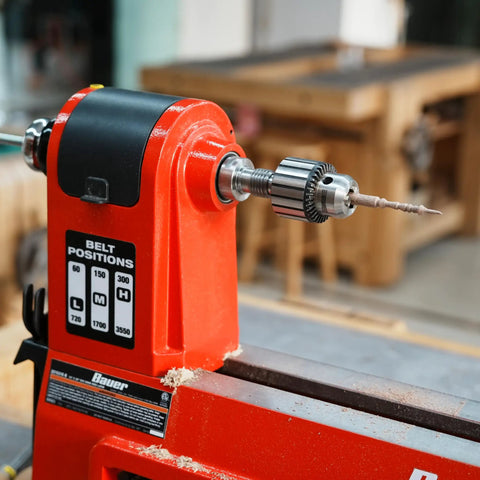 Heavy Duty Drill Chuck Set 5/8 Inch Capacity With JT33 MT2 And JT33 MT1 Taper Arbors in use on a red lathe