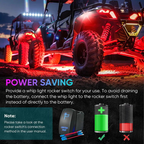 2 Pack 3ft LED Whip Light And 4 Rock Light Combo Kit With Spring Bases, Switch, And App Control on ATVs at night
