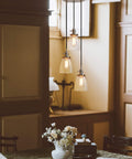 Three Light Industrial Pendant Lighting With Clear Glass Pendants For Kitchen Island And Dining Room, Brushed Steel Finish