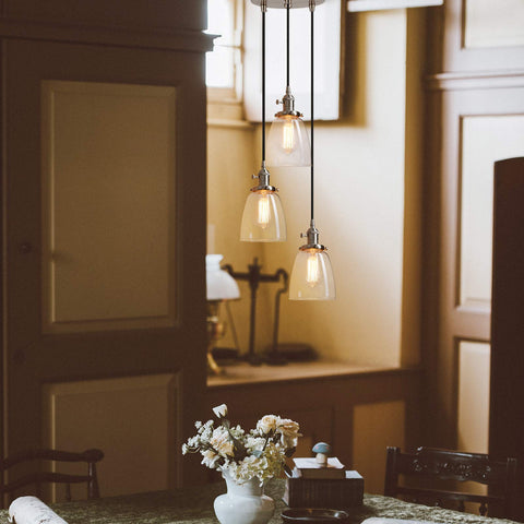 Three Light Industrial Pendant Lighting With Clear Glass Pendants For Kitchen Island And Dining Room, Brushed Steel Finish