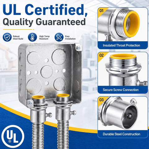 50 Pack Emt Set Screw Connector Three Quarter Inch Steel Electrical Conduit Coupling showing robust steel build and secure screw connection.