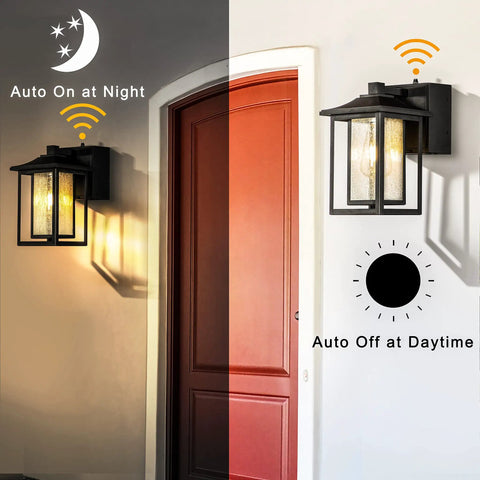 Black Exterior Wall Light With Dusk To Dawn Sensor And Seeded Glass For Front Porch Patio Or Garden, 1 Light Outdoor Fixture