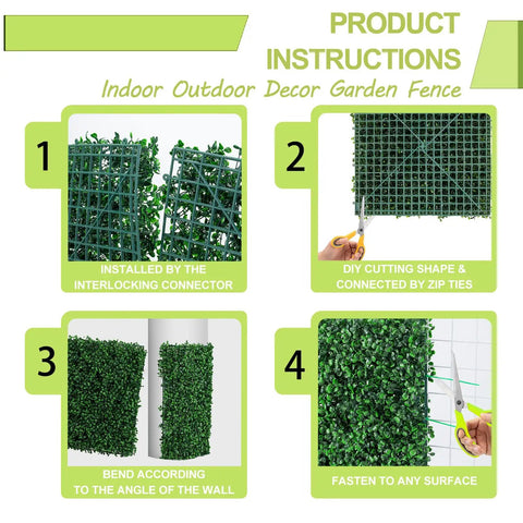 Installation steps for Boxwood Hedge Wall Panels 24 Pack 20x20 Inch Realistic Thick Artificial Greenery Backdrop.