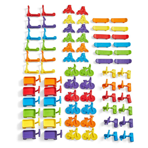 Colorful Neighborhood Wheels Math Counters For Kids With Super Cool Vehicle Designs, ideal for preschool sorting and number sense activities.