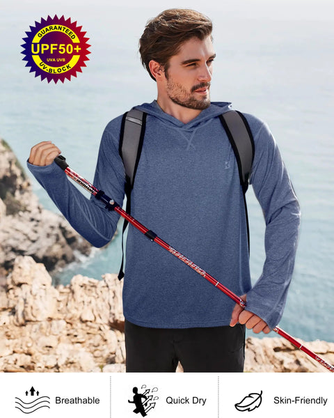Man wearing Lightweight UPF 50 Plus Long Sleeve Fishing Shirt for Men With Hooded Sun Shield while hiking by the sea.