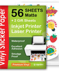 Premium printable vinyl sticker paper pack with 56 matte sheets + 2 gift sheets for inkjet and laser printers, agodeo.