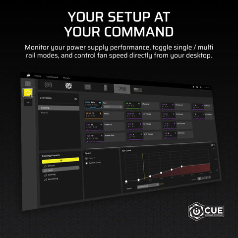 Interface for Beefy Fully Modular 1500W Power Supply With Ultra Quiet Operation, managing modes and fan speed on screen.