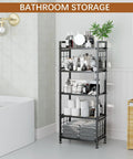 Total Game Changing Five Tier Pantry Shelving With Chunky Wooden Boards And Heavy Duty Adjustable Wire Grids And Super Sturdy Storage Rack For Kitchen Closet Or Laundry Room Setup In Matte Black in a bathroom with organized toiletries.