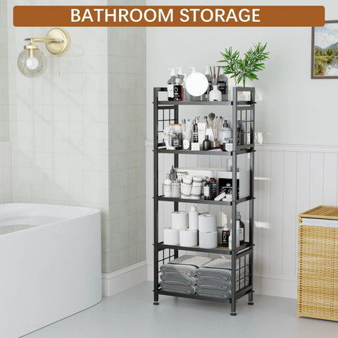 Total Game Changing Five Tier Pantry Shelving With Chunky Wooden Boards And Heavy Duty Adjustable Wire Grids And Super Sturdy Storage Rack For Kitchen Closet Or Laundry Room Setup In Matte Black in a bathroom with organized toiletries.