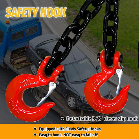 2 Pack Three Eighth Inch G80 Trailer Safety Chains 36 Inch With G70 Clevis Hooks 7100 Lb Working Load with red hooks