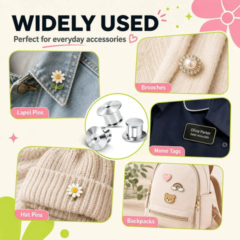 Locking Pin Backings Set for Enamel Pins and Badges, showcasing usage on hats, bags, lapels, and brooches.