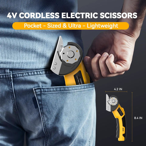 Powerful 4V Cordless Electric Scissors Cardboard Cutter With Safety Lock And LED Light For Boxes Carpet Plastic And Fabric Rechargeable USB Charge Heavy Duty DIY Tool In Yellow, 8.4 in pocket-sized