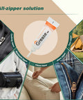 4 Pack Zipper Lubricant Waterproof Wax and Grease for Metal and Plastic Zippers with images of zippers in various uses