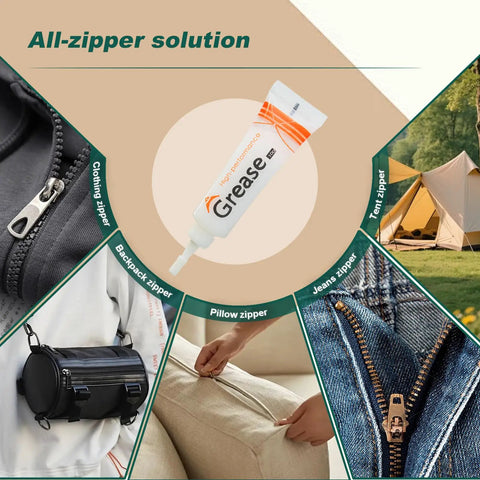 4 Pack Zipper Lubricant Waterproof Wax and Grease for Metal and Plastic Zippers with images of zippers in various uses