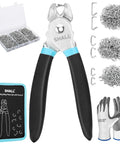 Pro Grade Hog Ring Pliers Kit With 600 Galvanized Rings In 3/8, 1/2, And 3/4 Inch For Upholstery, Fencing, Pet Cages, Bungee Cords, Bagging, Includes Protective Gloves, Storage Case And Bag