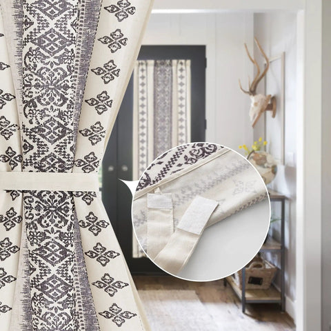 Natural Linen Door Curtain For Privacy And Light Filtering Boho French Door Shade Sidelight Glass Window Panel With Tieback 26W x 72L Inches Greyish White 1 Panel shown in a home setting.