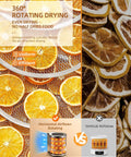 360 Rotating Drying design of No Fuss Big Batch Stainless Steel Food Dehydrator With 10 Removable Racks for even drying.