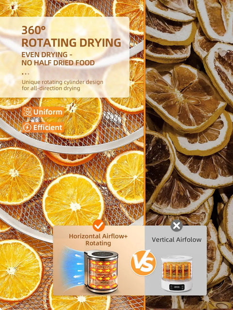 360 Rotating Drying design of No Fuss Big Batch Stainless Steel Food Dehydrator With 10 Removable Racks for even drying.